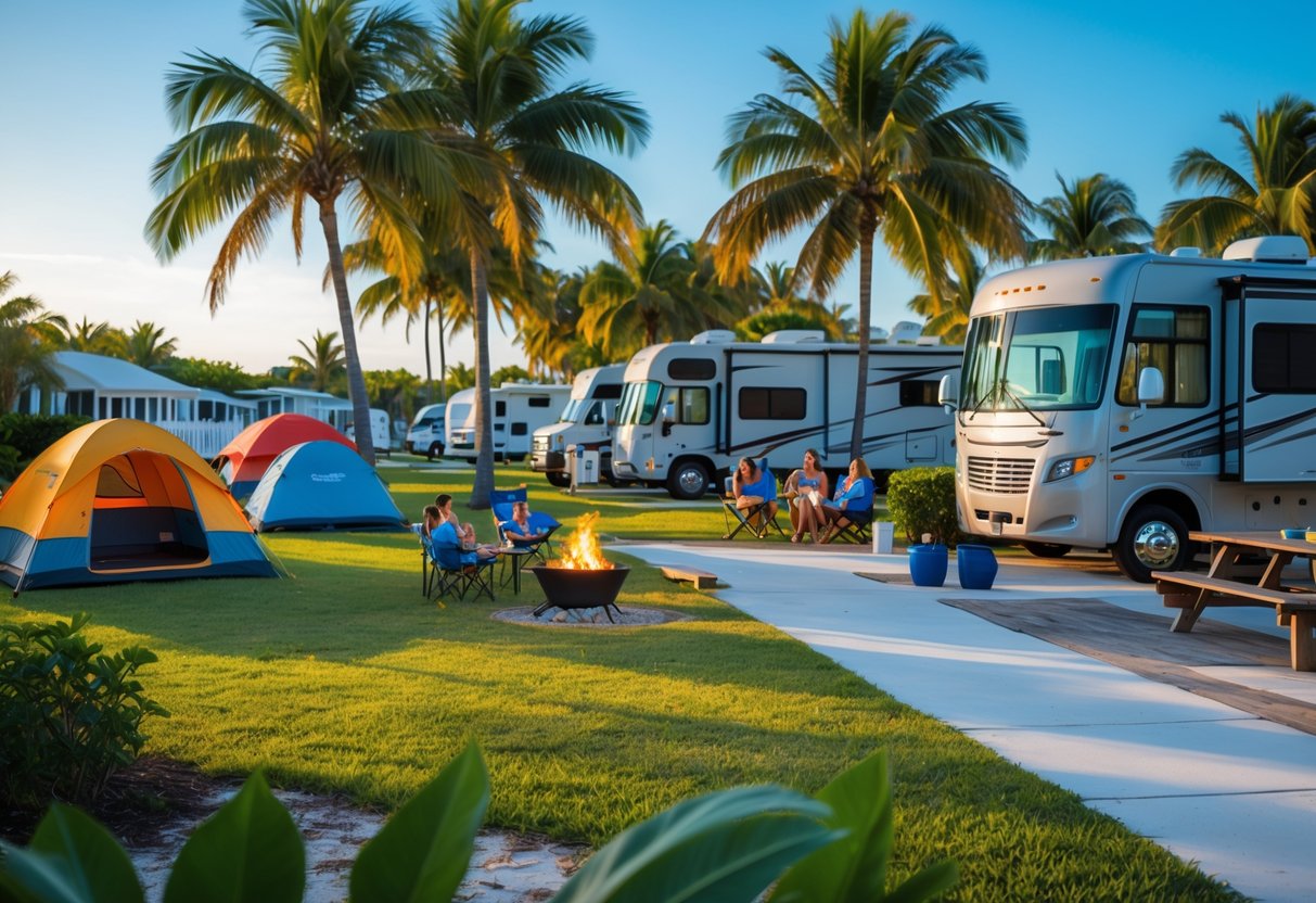 A sunny campground in the Florida Keys with tents pitched among palm trees, RVs parked nearby, and people enjoying outdoor activities by the ocean.
