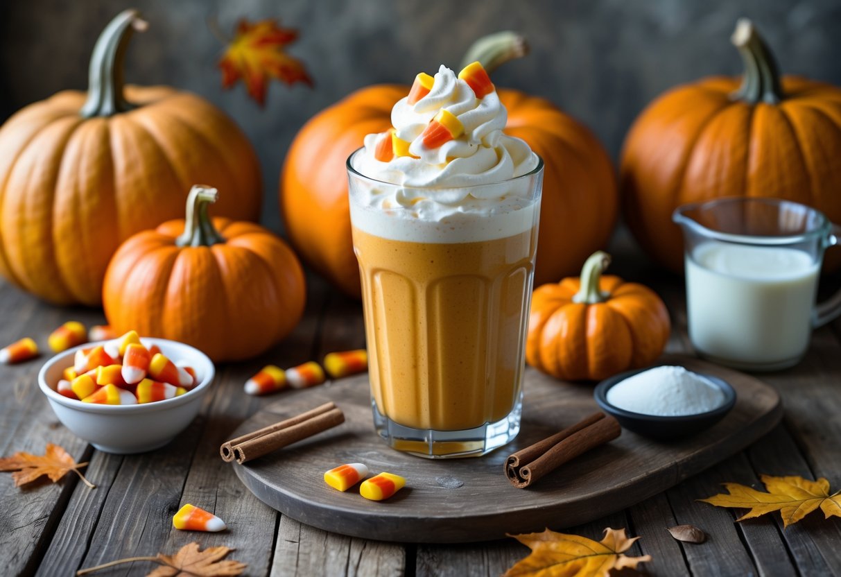 A glass of pumpkin milkshake topped with whipped cream and candy corn, surrounded by pumpkins, candy corn, pumpkin puree, milk, sugar, cinnamon sticks, and autumn leaves on a wooden table.