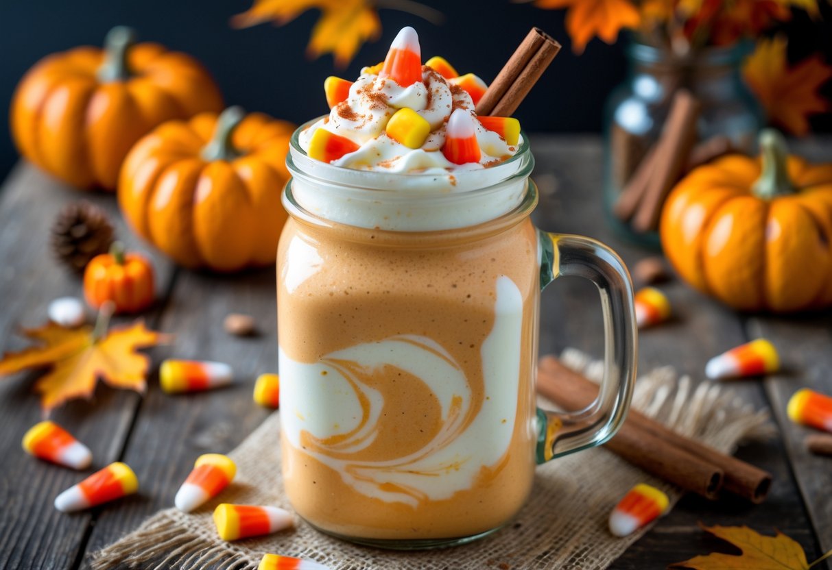 A glass jar filled with a creamy orange milkshake topped with whipped cream and candy corn, surrounded by small pumpkins, candy corn pieces, cinnamon sticks, and fall leaves on a wooden table.