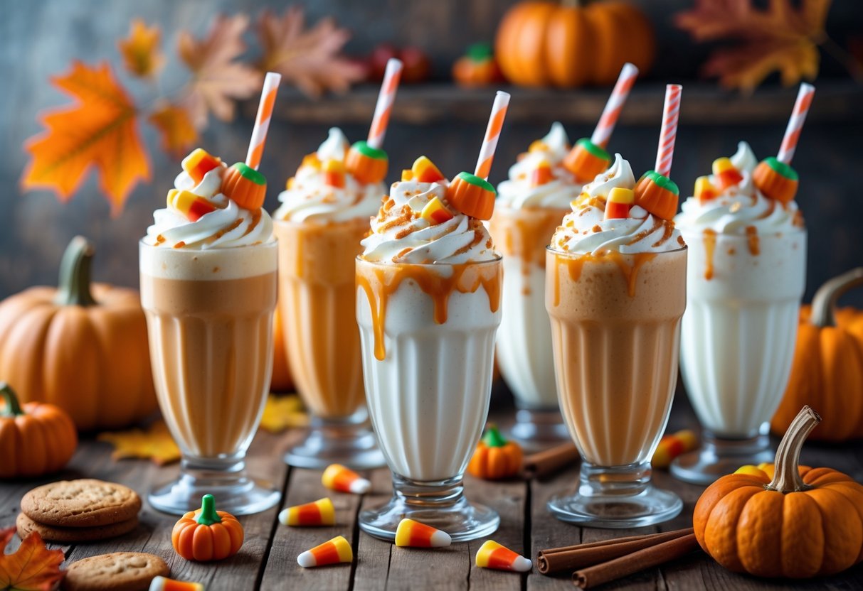 Several glasses of candy corn pumpkin milkshakes with whipped cream and candy toppings on a wooden table surrounded by pumpkins and autumn leaves.