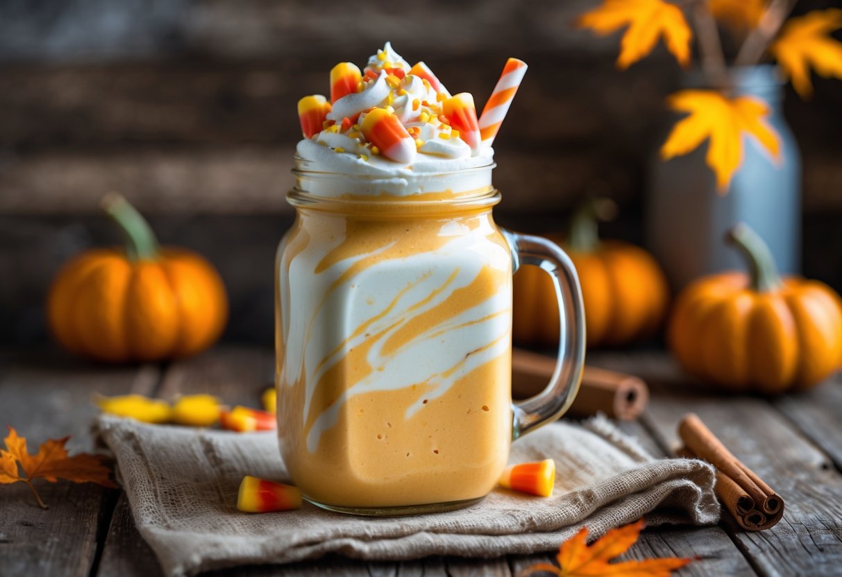 A candy corn pumpkin milkshake in a glass jar topped with whipped cream and candy corn, surrounded by autumn decorations on a wooden table.