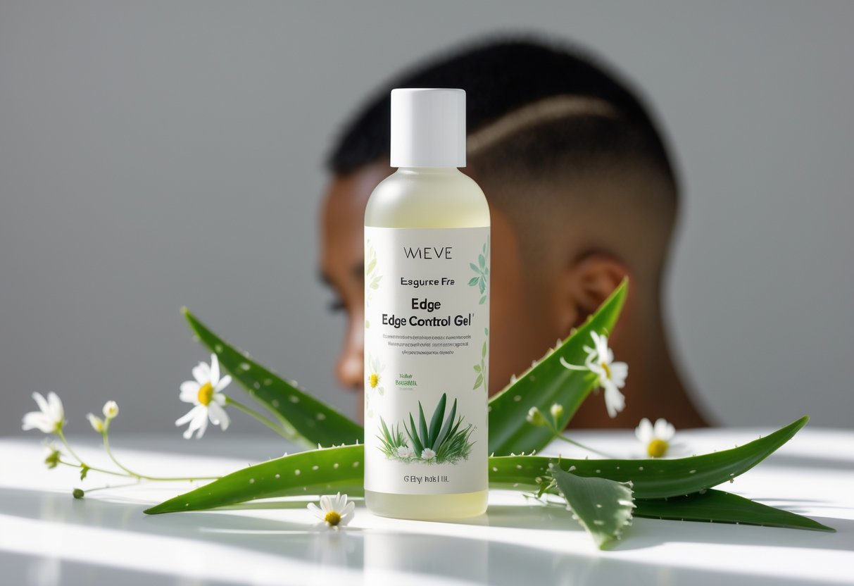 A bottle of fragrance-free edge control gel surrounded by green leaves and white flowers, with a blurred person showing smooth hair edges in the background.