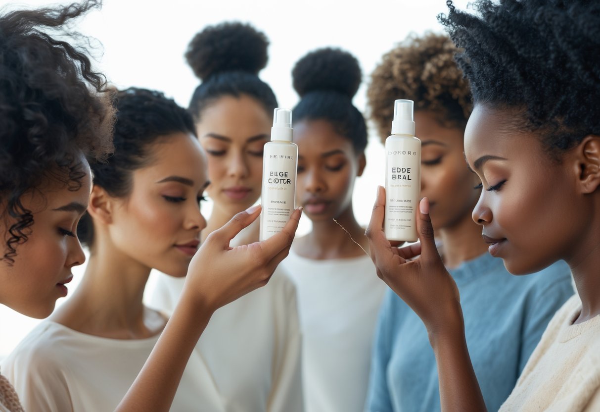 Close-up of diverse people gently styling their hair edges with fragrance-free edge control products.