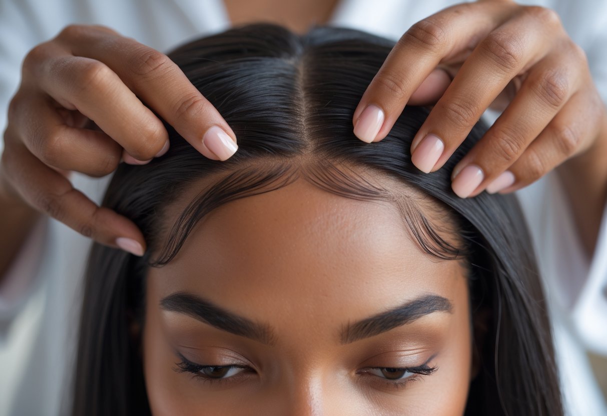 Close-up of hands applying edge control gel to hairline under a lace front wig.