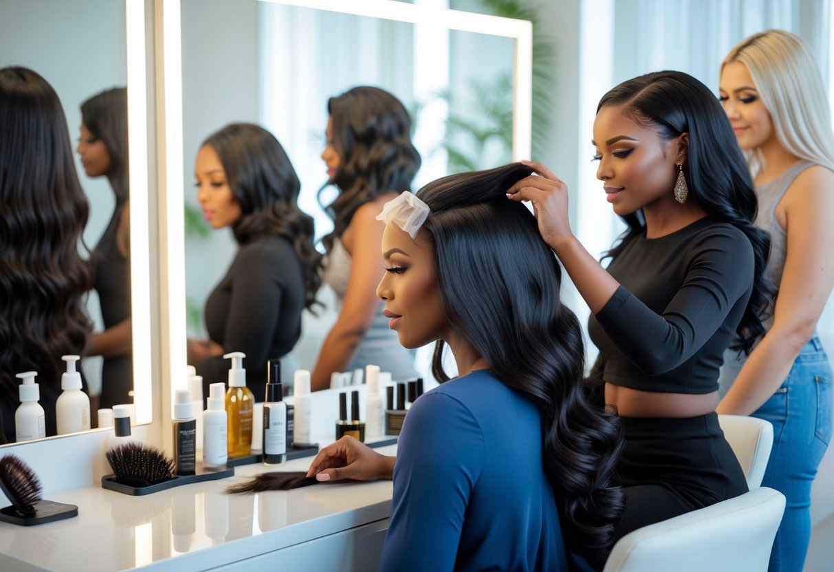 Women in a beauty studio trying on wigs and applying edge control under lace front wigs at a vanity table.