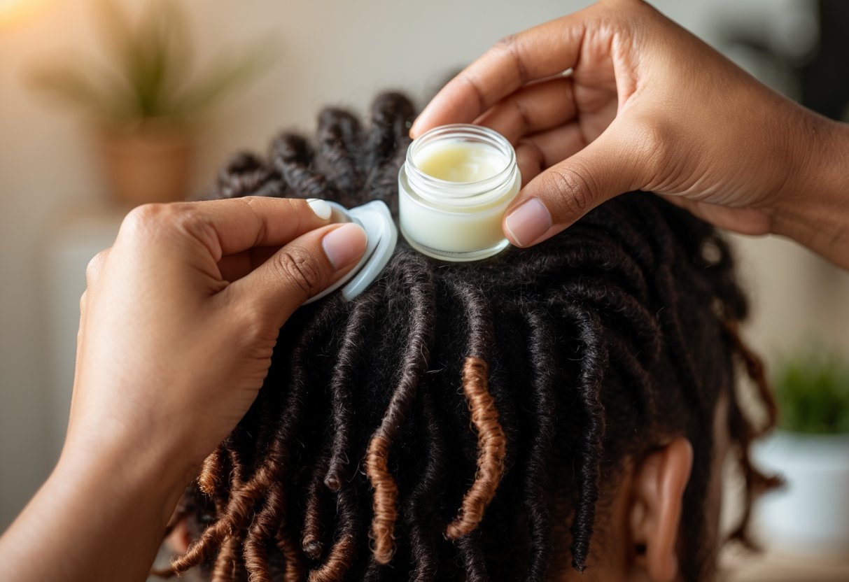 Hands applying edge control gel to the edges of natural locs hair.