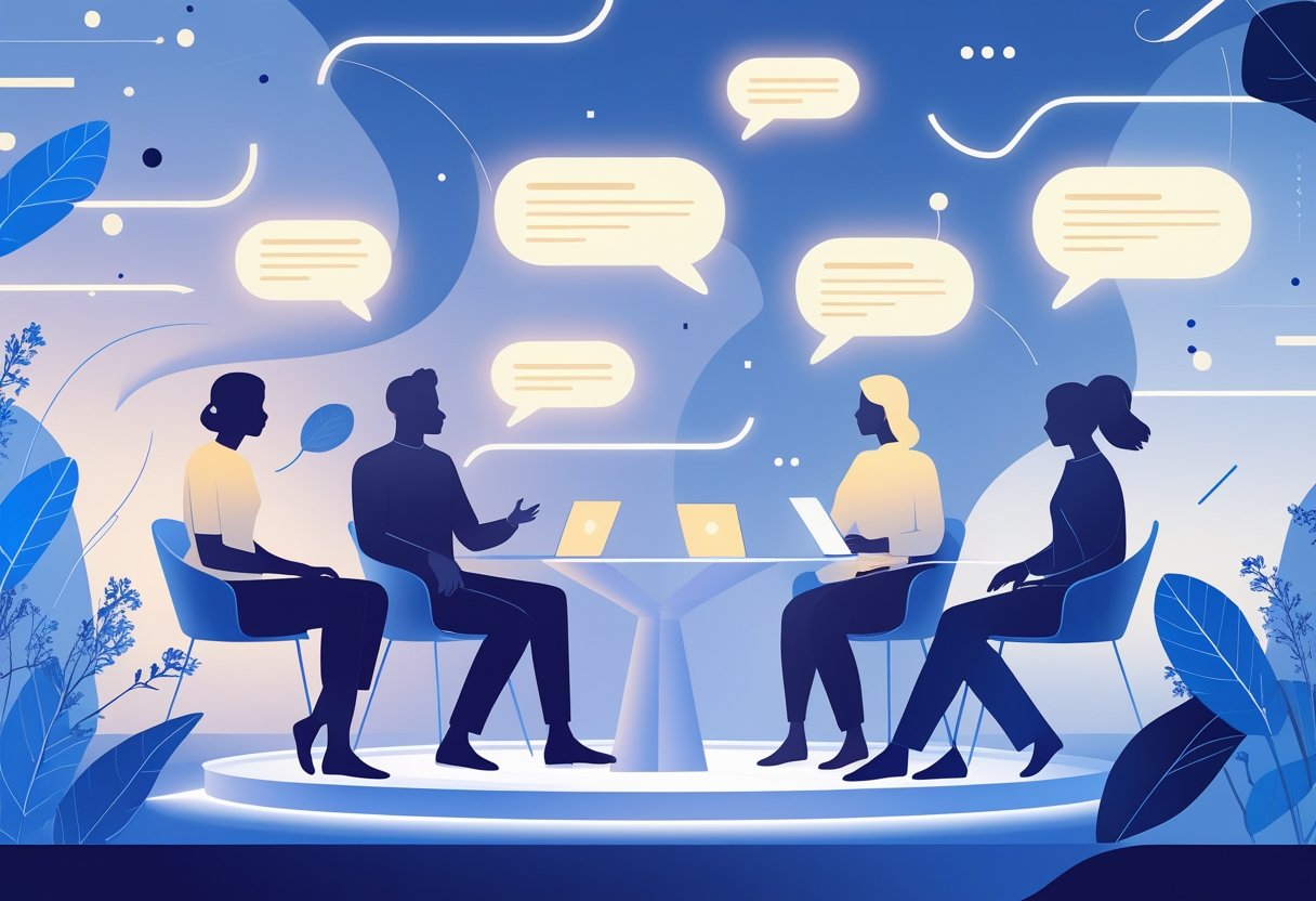 Πολλαπλές φιγούρες ανθρώπων συνομιλούν μέσω φουσκών ομιλίας σε ένα ψηφιακό περιβάλλον με στοιχεία εμπνευσμένα από την ελληνική κουλτούρα.