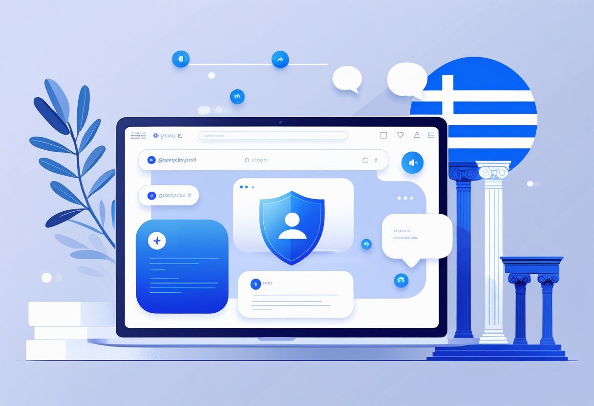 Οθόνη υπολογιστή ή κινητού με διεπαφή συνομιλίας και ελληνικά στοιχεία που δείχνουν ασφάλεια και ανωνυμία.
