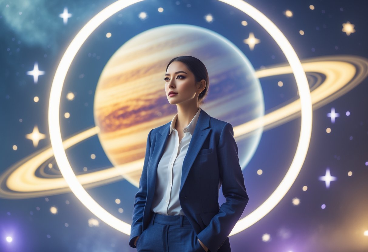 A thoughtful person standing with a glowing image of Saturn and a circular frame behind them, set against a starry cosmic background.