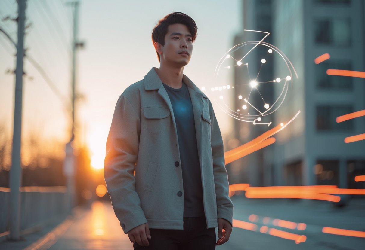 A confident young adult standing outdoors in an urban setting during golden hour, with subtle glowing light patterns around them suggesting energy and individuality.
