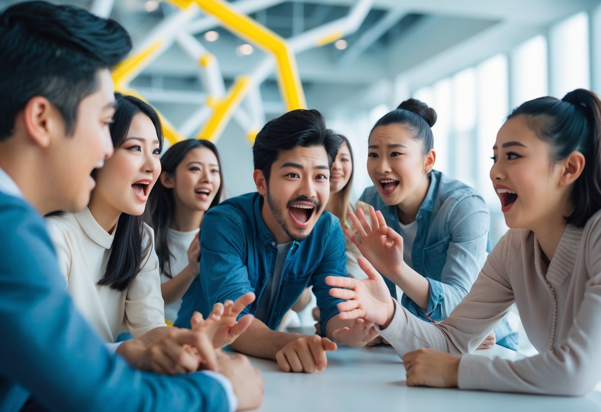 A group of diverse people interacting energetically in a bright modern space, showing expressions of curiosity and excitement.