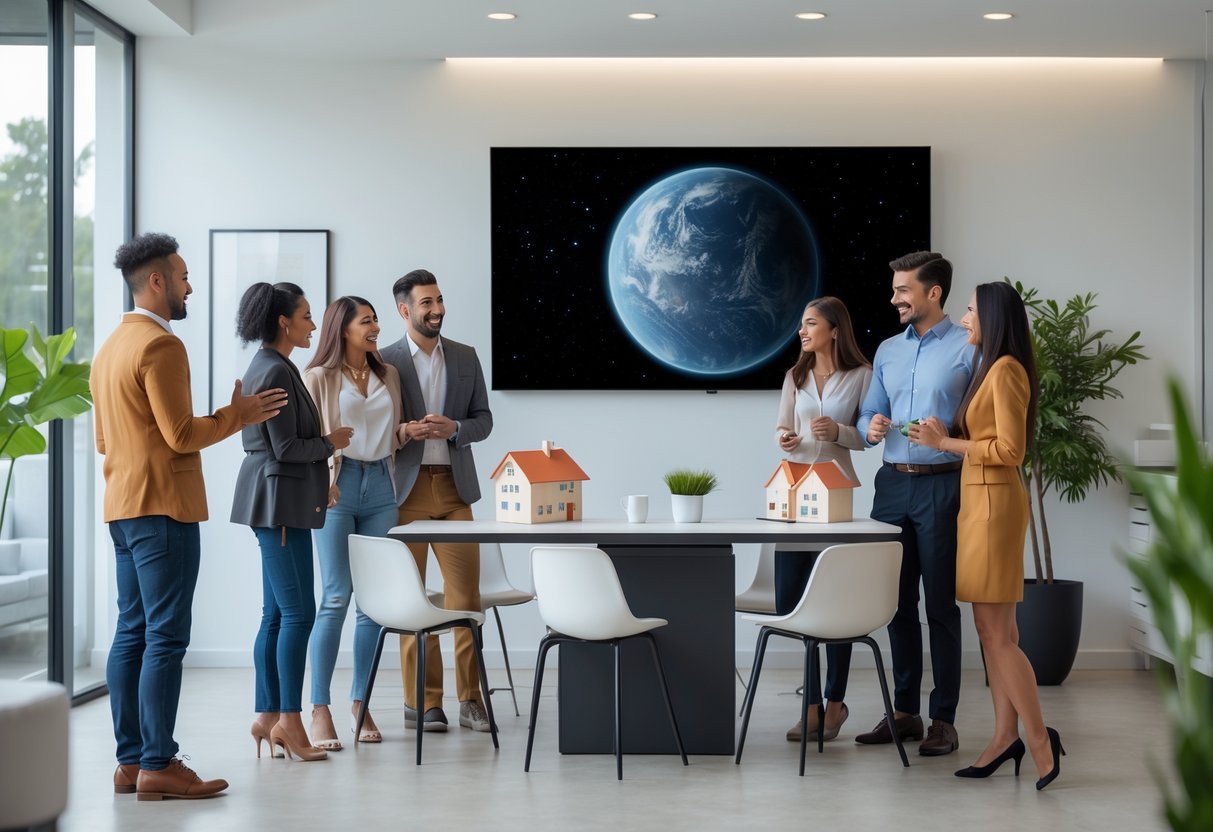 A group of young adults and a real estate agent discussing home buying in a bright office with a digital image of the planet Uranus in the background.
