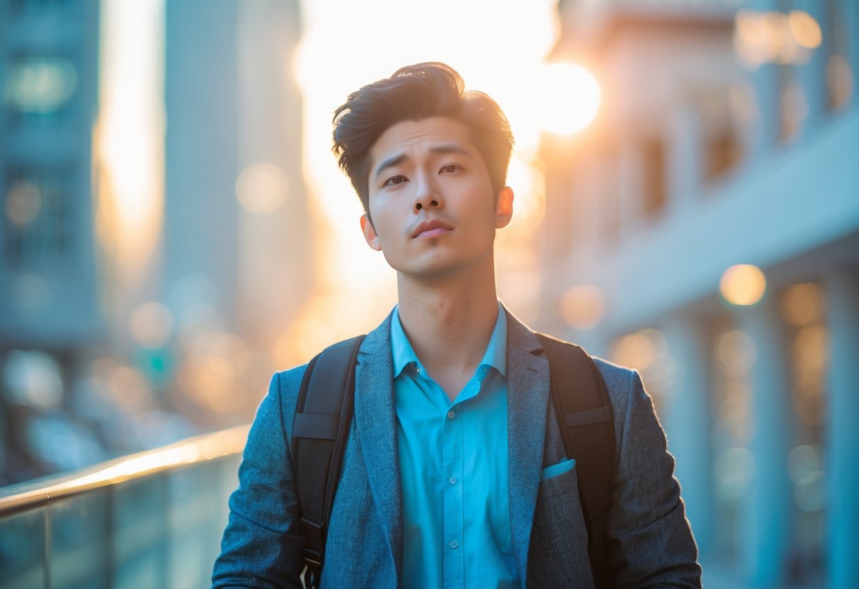 A young adult standing confidently in a city environment during sunset, with a calm and thoughtful expression.