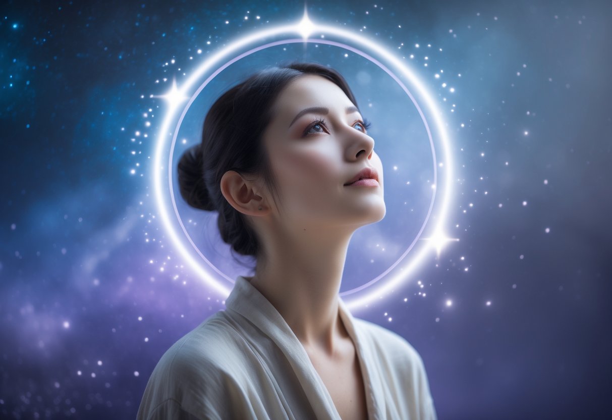 A person with a calm, thoughtful expression surrounded by a soft cosmic background with stars and glowing light around their head.
