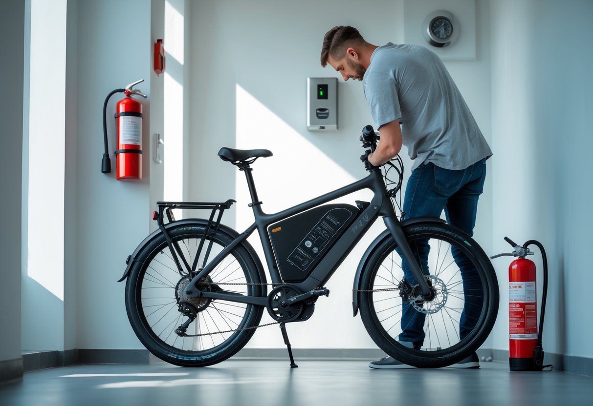 Person inspecting the battery of an e-bike indoors with a fire extinguisher and smoke detector nearby.