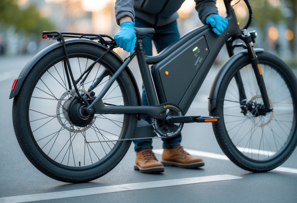 Person inspecting the battery of a modern electric bike outdoors on a city street.