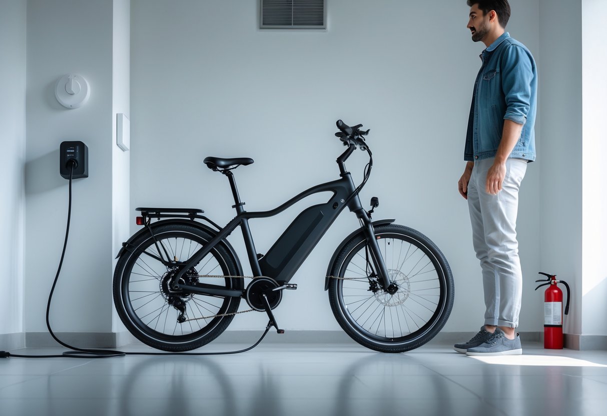 A person monitoring an e-bike charging safely indoors with proper cable management and a fire extinguisher nearby.