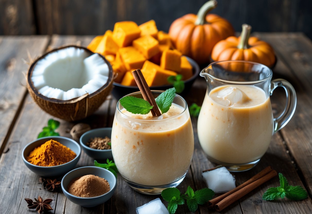 Fresh pumpkin chunks, a halved coconut, spices, and a glass pitcher of pumpkin coconut cooler arranged on a wooden table.