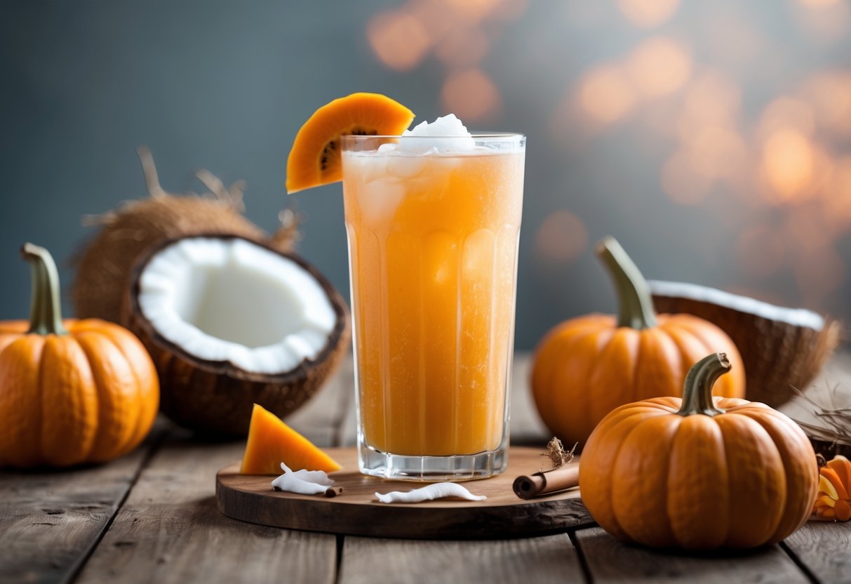 A tall glass of pumpkin coconut cooler drink garnished with pumpkin and coconut pieces on a wooden table surrounded by pumpkins and coconuts.