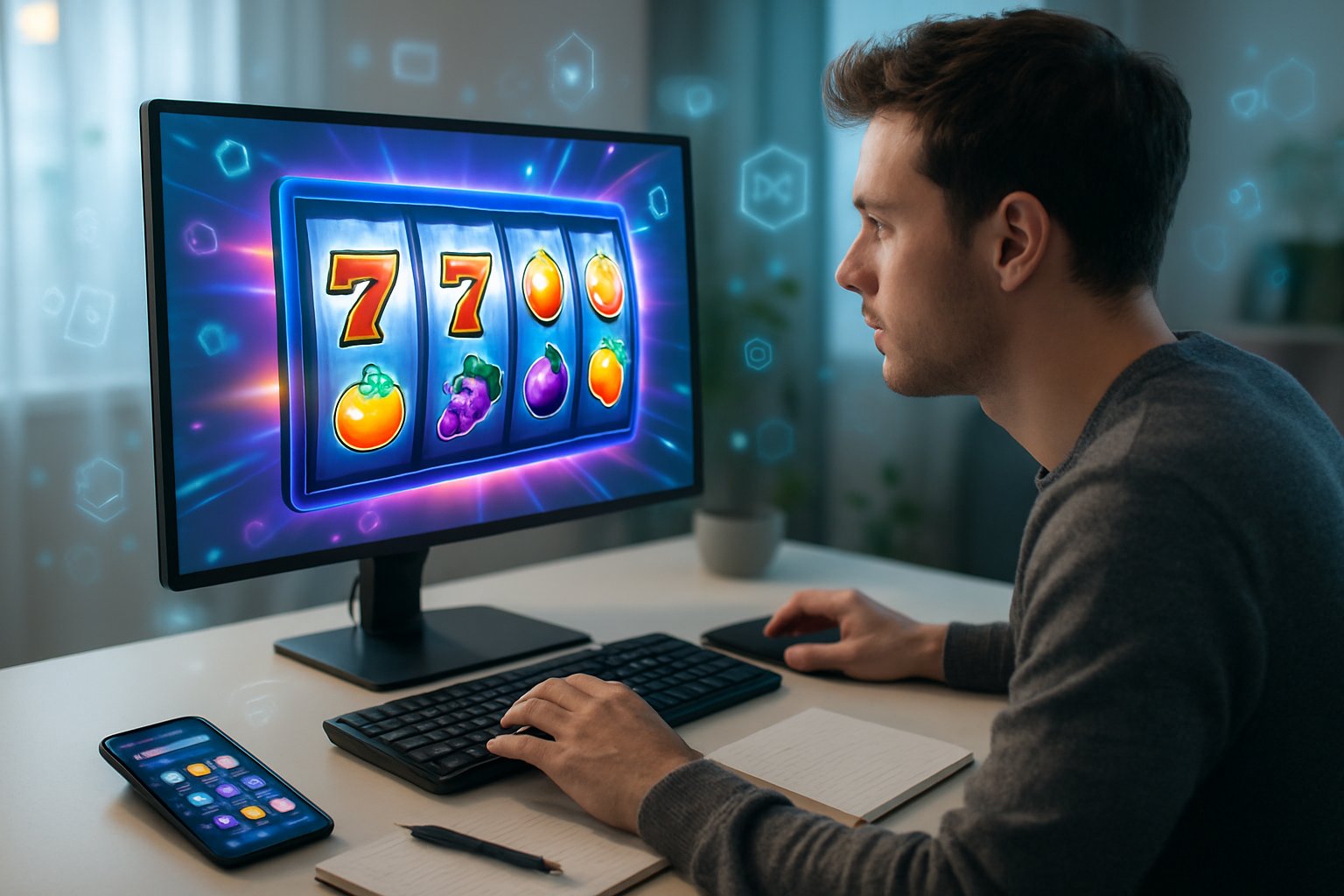Seorang dewasa muda sedang bermain permainan slot online di komputer dengan grafik mesin slot yang berwarna-warni di layar, di sebuah ruang kerja modern yang terang.