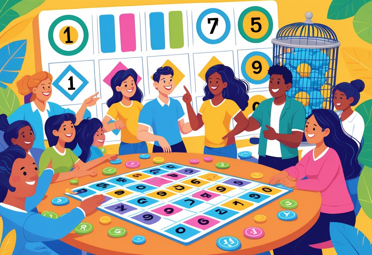 Sekelompok pemain baru berkumpul di sekitar meja bingo dengan kartu bingo dan bola bernomor, sementara seorang instruktur menjelaskan pola-pola bingo di papan.