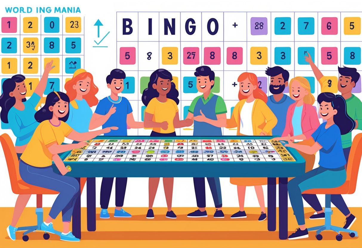 Sekelompok orang bermain bingo di meja dengan kartu dan bola bingo, menunjukkan pola kemenangan dan suasana belajar yang ramah.