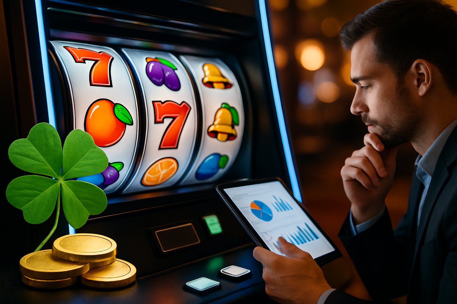 Mesin slot modern dengan gulungan berwarna-warni yang berputar, koin emas, dan seseorang yang sedang menganalisis data pada tablet digital di latar belakang kasino.