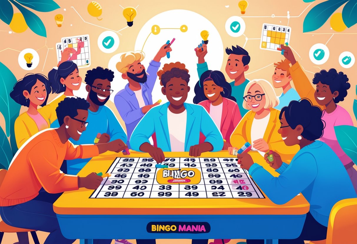 Sekelompok orang bermain bingo bersama di meja besar dengan suasana cerah dan penuh semangat.