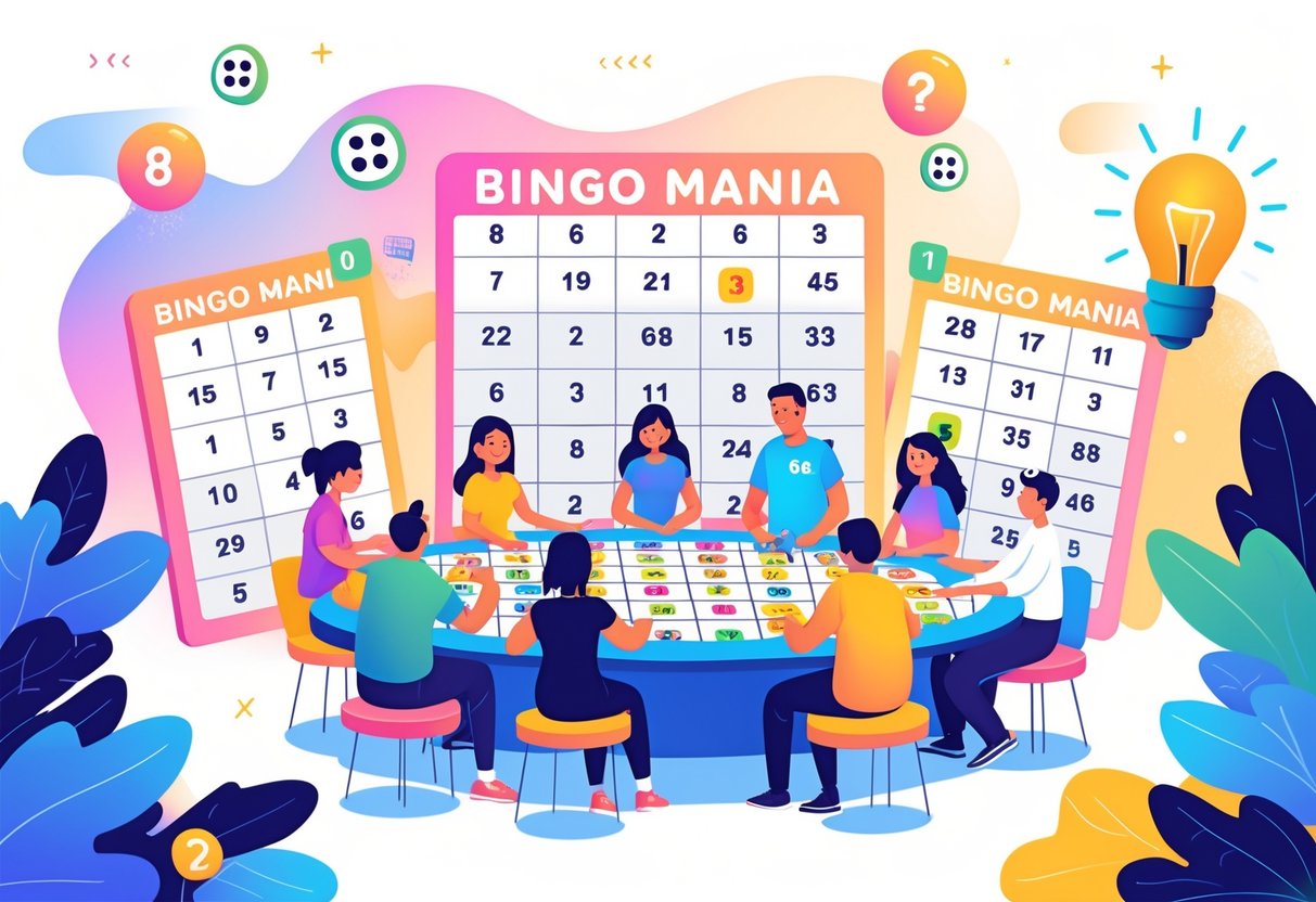 Sekelompok orang bermain bingo bersama di meja dengan kartu bingo berwarna dan pola dasar yang jelas, dikelilingi bola bingo dan papan skor digital.