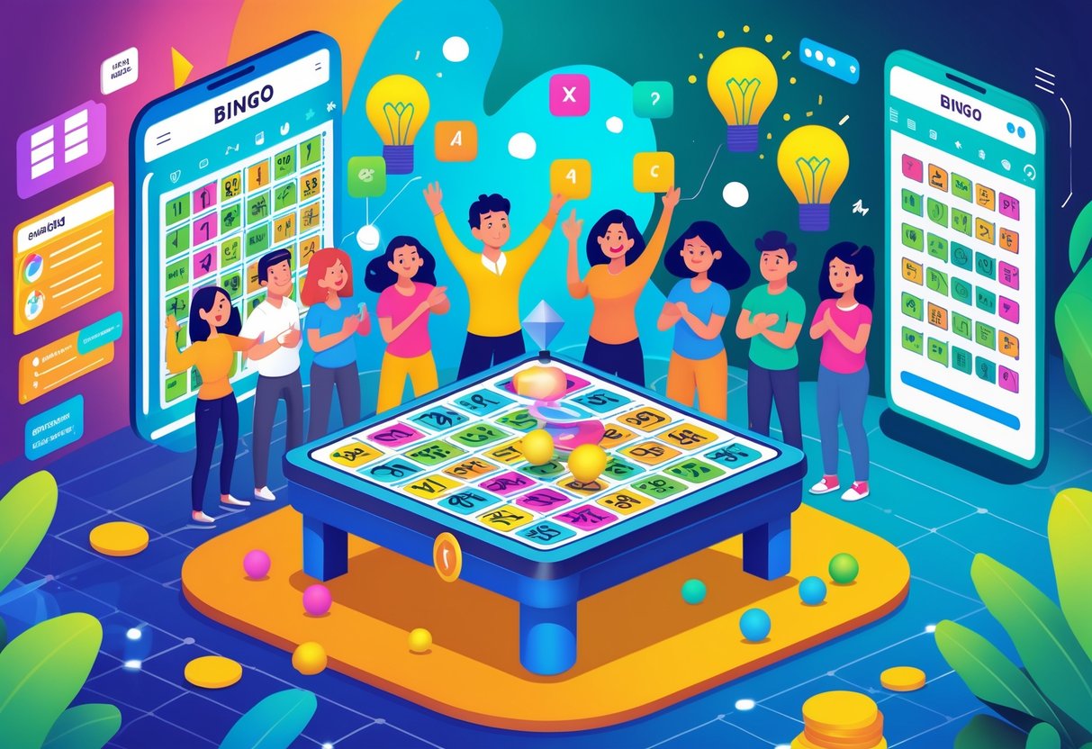 Sekelompok orang bermain bingo di meja dengan bola dan kartu bingo, dikelilingi oleh simbol tips dan pola permainan.