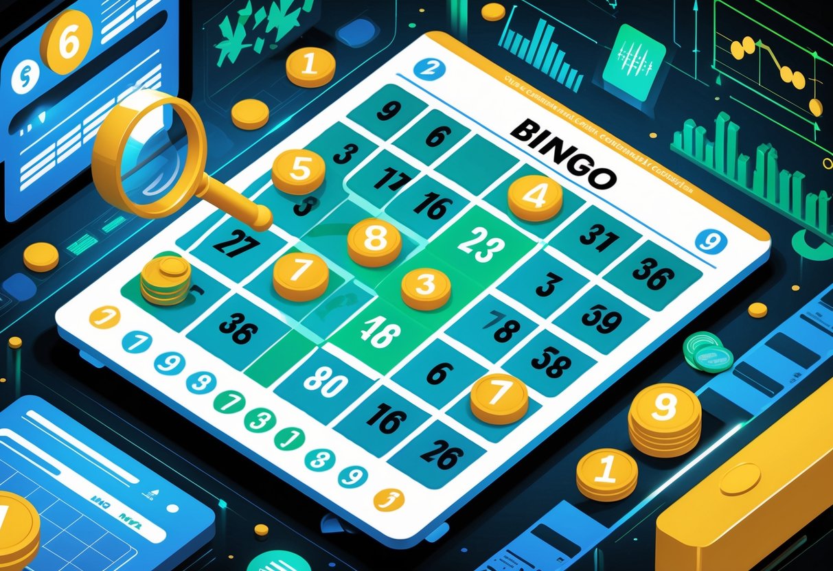 Ilustrasi kartu bingo dengan pola nomor yang disorot, dikelilingi oleh elemen strategi seperti grafik dan kaca pembesar, menggambarkan pendekatan menang dalam permainan Bingo Mania.