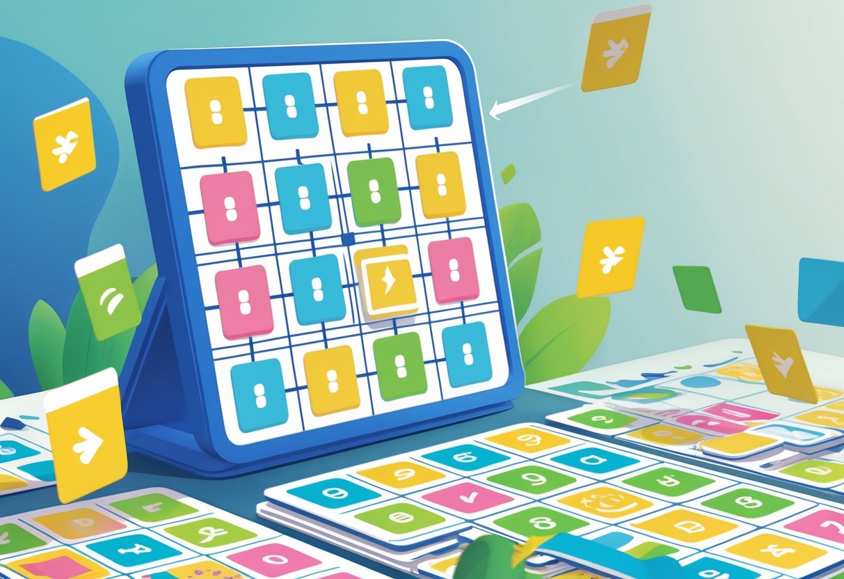 Ilustrasi meja permainan bingo dengan kartu bingo berwarna-warni yang menunjukkan pola-pola menang, dengan tanda dan panah yang menyoroti kombinasi kartu yang menang.