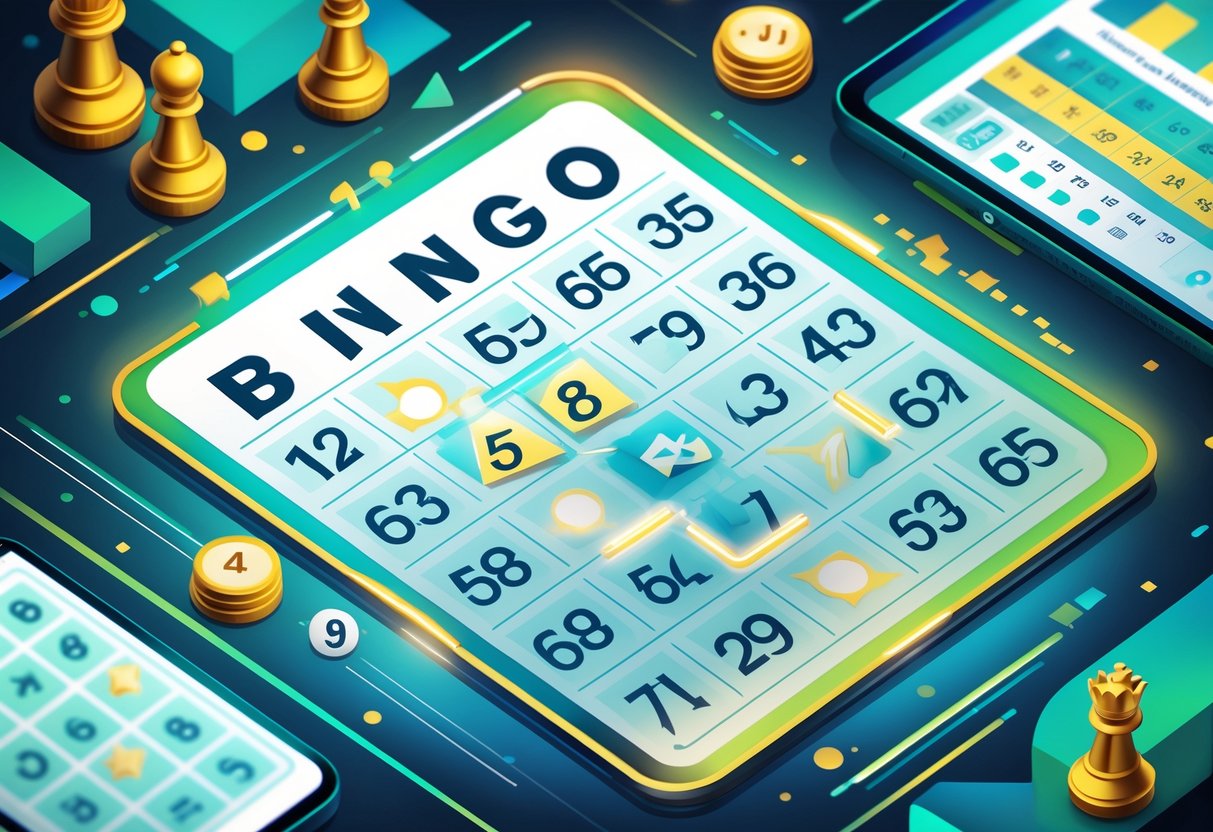 Ilustrasi close-up kartu bingo dengan pola kemenangan yang disorot dan elemen strategi seperti bidak catur dan tablet digital di latar belakang.
