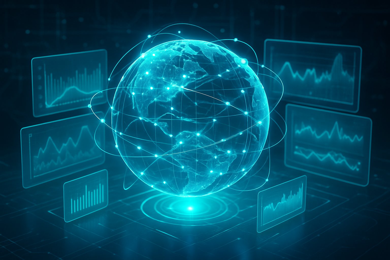 Sebuah globe holografik transparan dengan node bercahaya dan aliran data mengelilinginya, dikelilingi panel-panel melayang yang menampilkan grafik dan gelombang data, menggambarkan teknologi streaming langsung dan transmisi data waktu nyata.