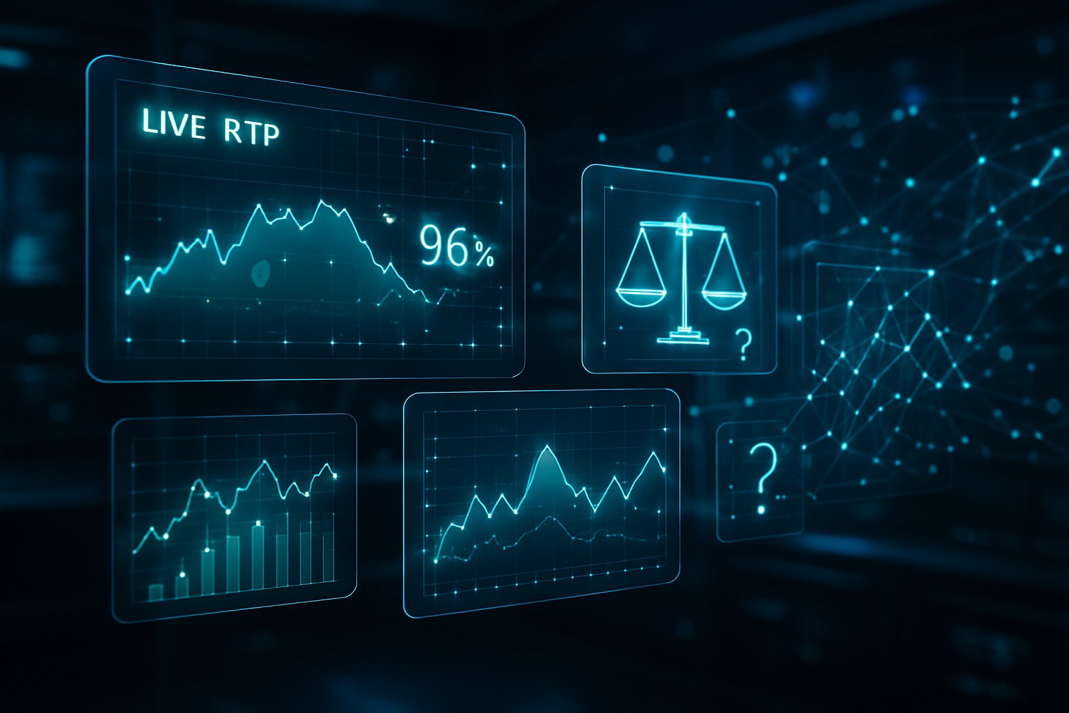 Tampilan dashboard digital futuristik dengan layar holografik yang menampilkan grafik dan data RTP secara real-time dalam ruangan kontrol berteknologi tinggi.