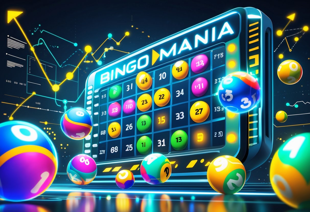 Ilustrasi profesional permainan bingo dengan bola bingo berwarna-warni, pola menang digital, dan grafik strategi di latar belakang yang menunjukkan keberhasilan dan kemenangan.