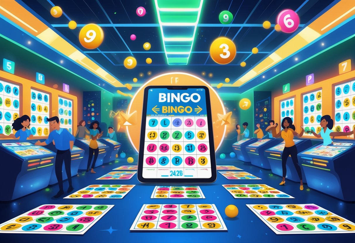 Seorang pemain bingo yang percaya diri sedang menganalisis pola kemenangan di tablet digital di sebuah aula bingo yang penuh dengan bola bernomor dan kartu bingo berwarna-warni.