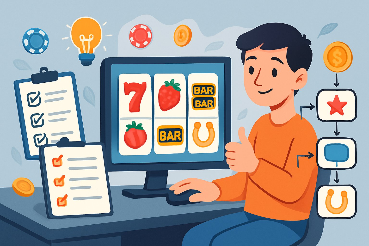 Seseorang duduk di depan komputer dengan layar menampilkan ikon dan gulungan game slot yang berwarna-warni, dikelilingi oleh elemen-elemen yang menunjukkan panduan dan pembelajaran memilih game slot.