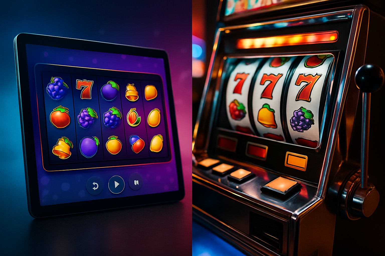 Gambar yang menunjukkan perbedaan antara mesin slot online di layar perangkat digital dan mesin slot fisik di kasino.