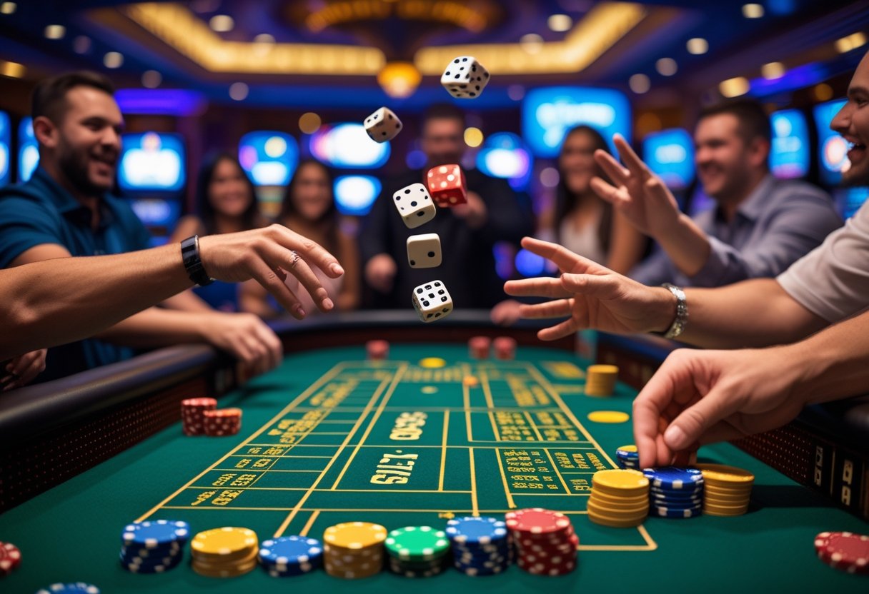 A craps table in a casino with dice being thrown and players' hands around the table.