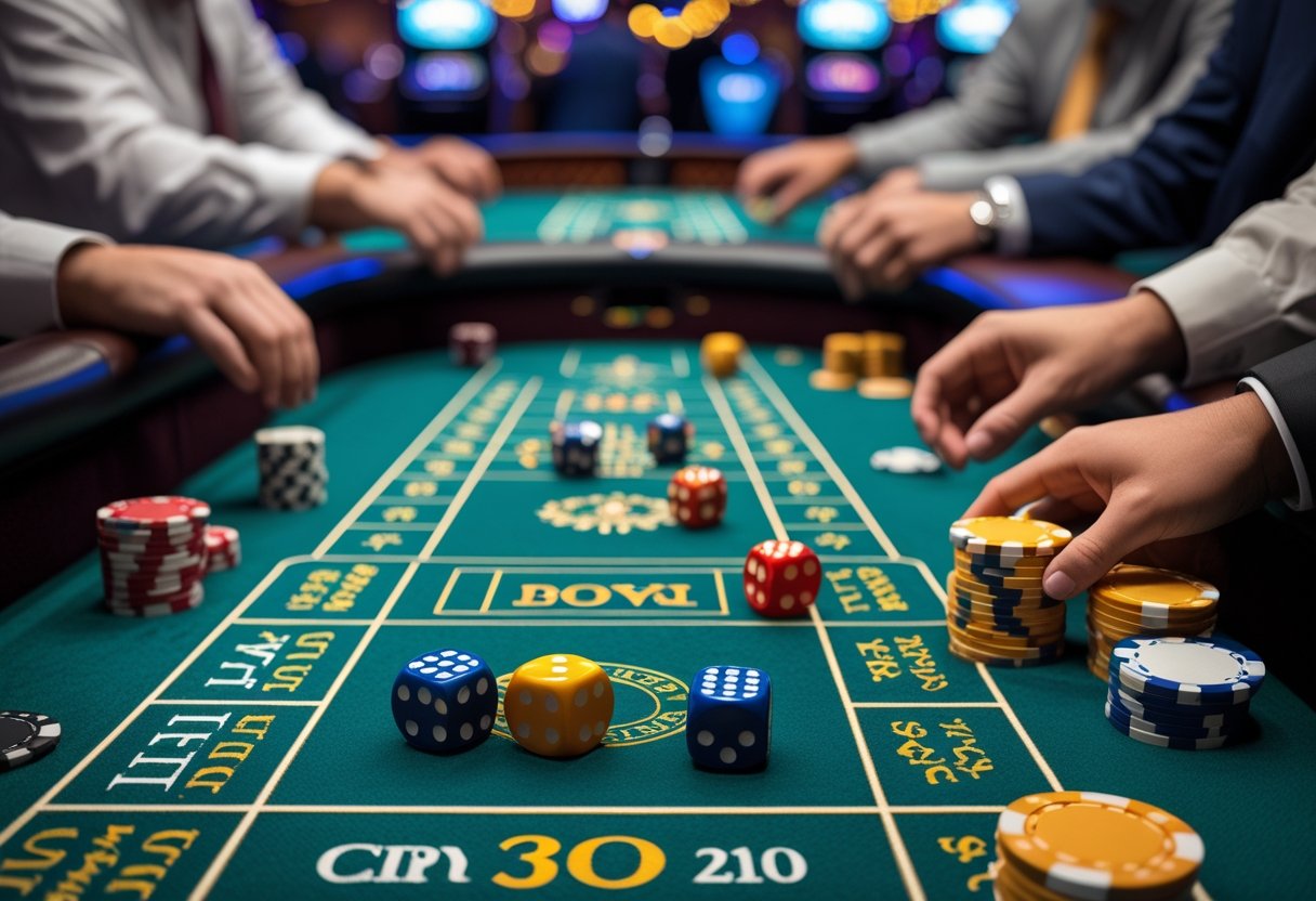 A craps table with dice rolling and players placing bets in a casino setting.