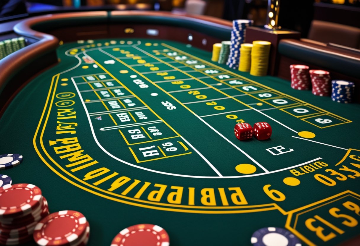 A craps table layout with green felt, marked betting areas, colorful casino chips, and a pair of red dice.
