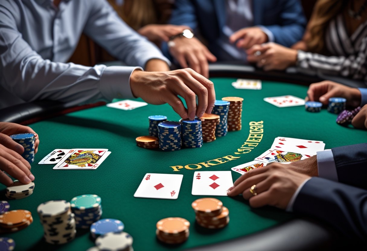 A poker table with chips, playing cards, and players' hands during a game.