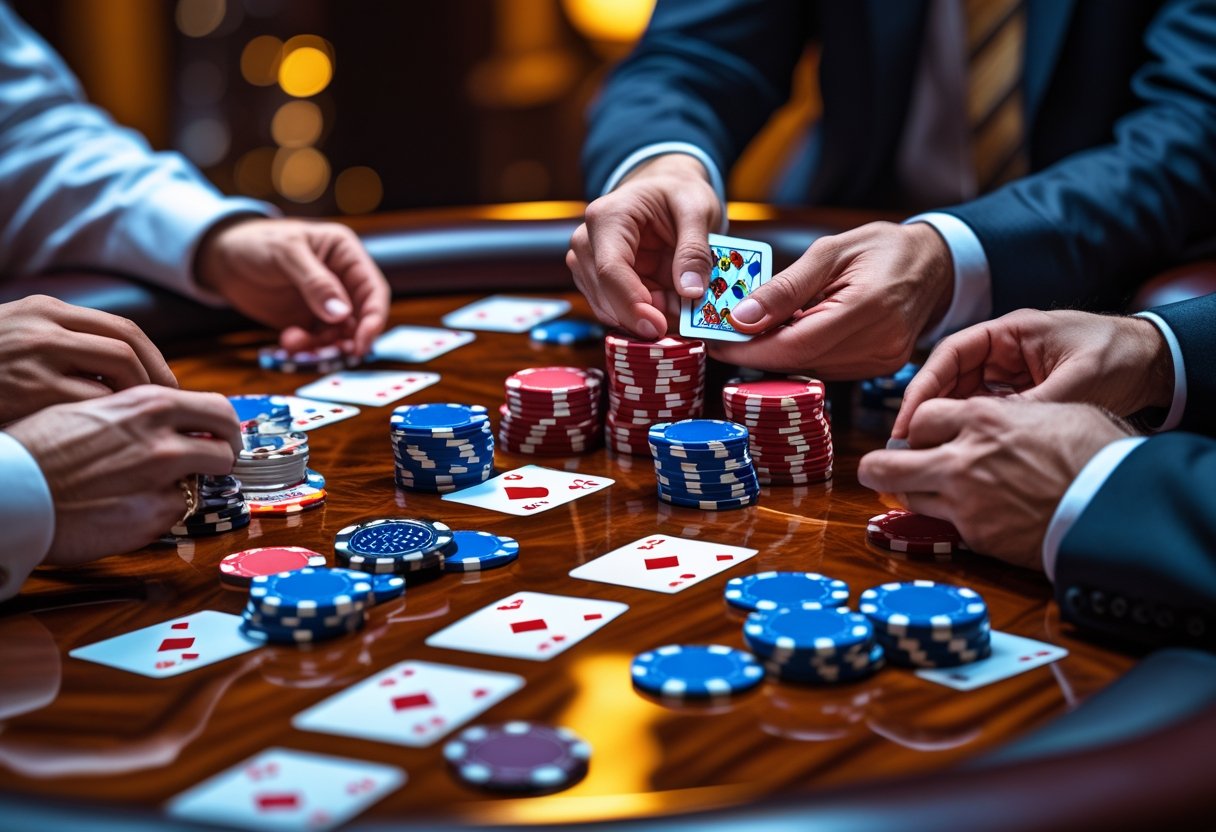 Close-up of players holding poker cards and colorful chips on a wooden table during a poker game.