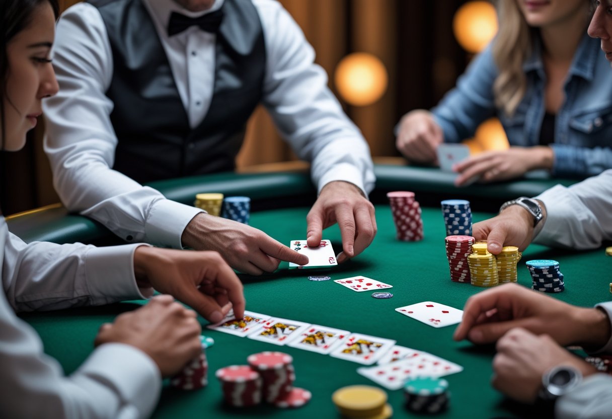 A group of people playing poker around a green felt table with cards and chips.