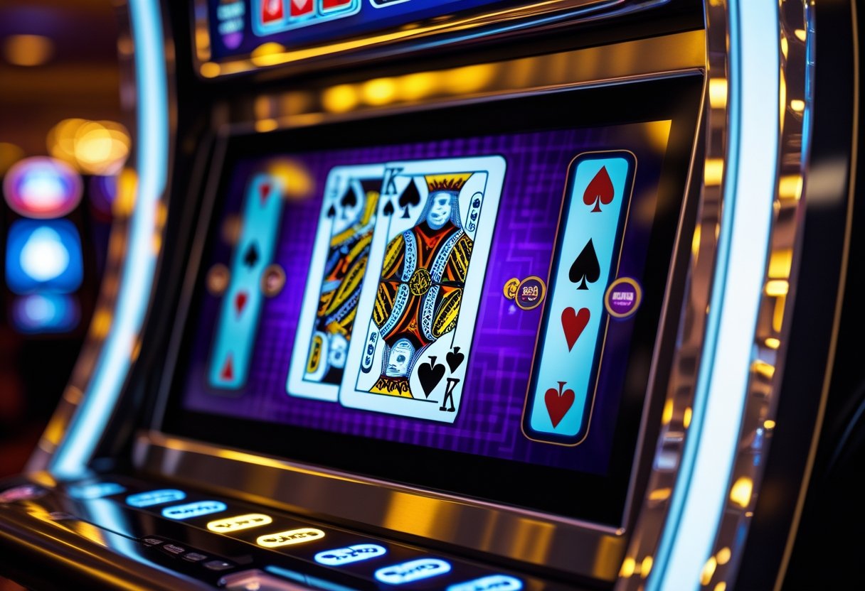 Close-up of a video poker machine screen showing a winning hand of playing cards with illuminated buttons around it.