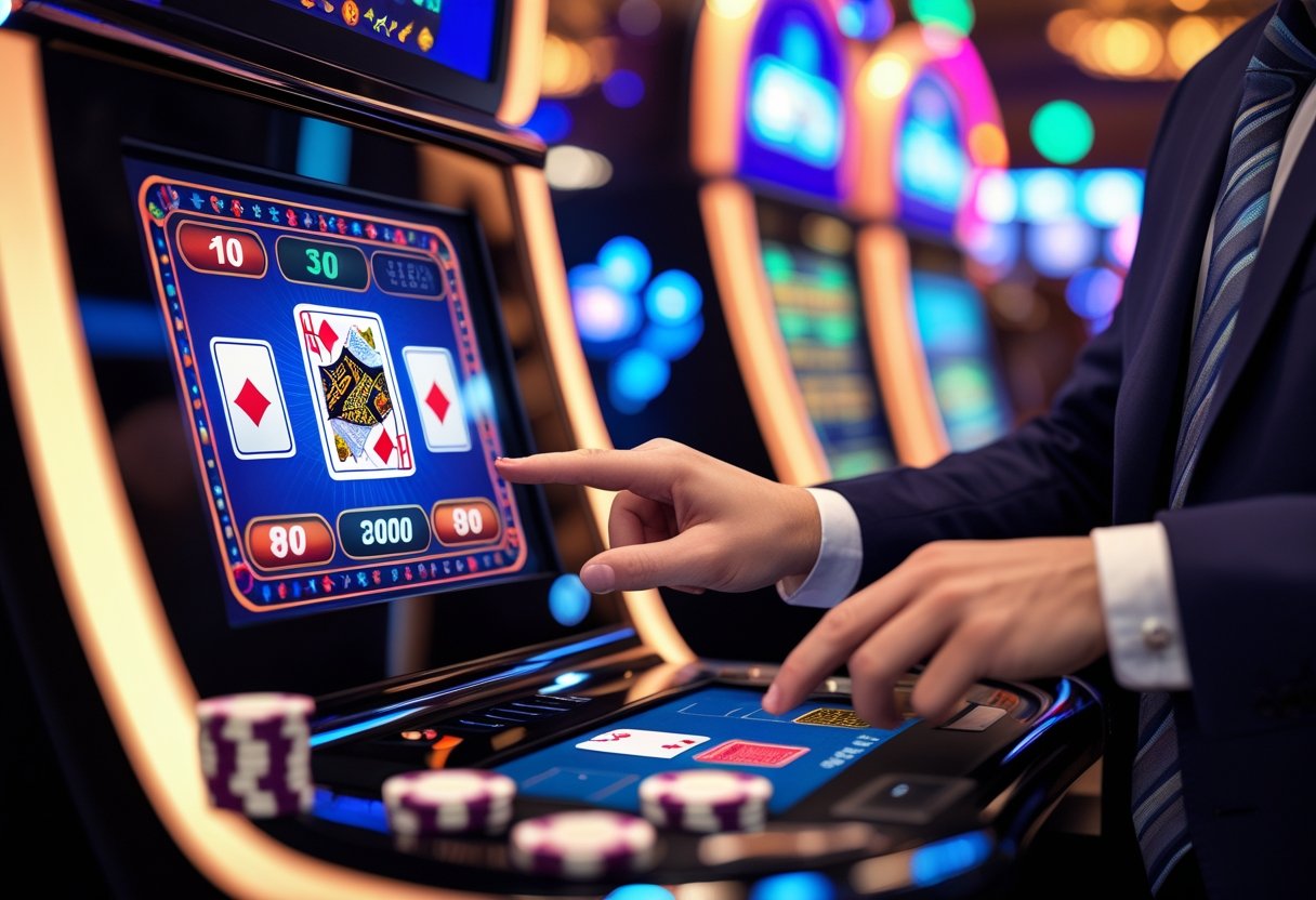 A person playing video poker on a digital machine in a casino with poker chips nearby.