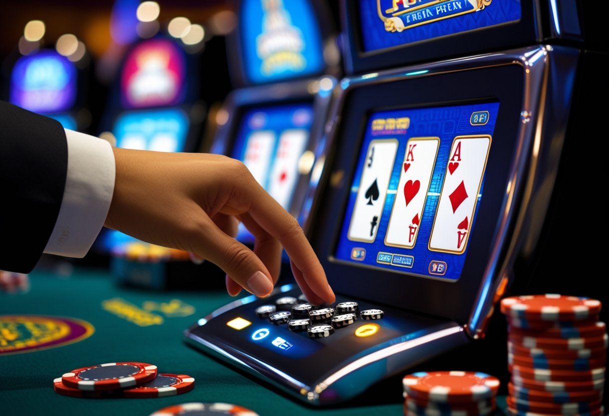 Close-up of a person playing video poker on a casino machine with cards and poker chips visible.