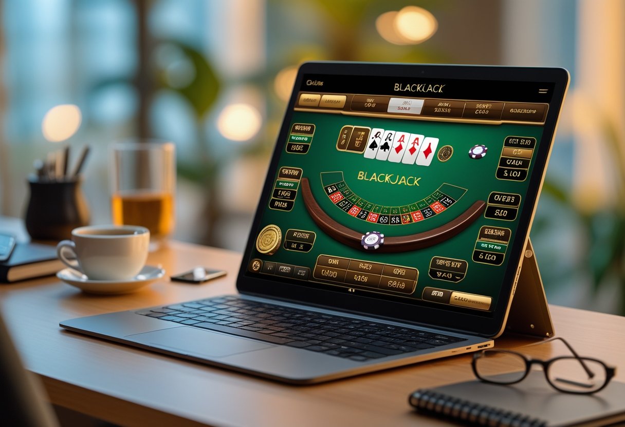 A laptop on a desk displaying an online blackjack game with cards and chips visible on the screen.
