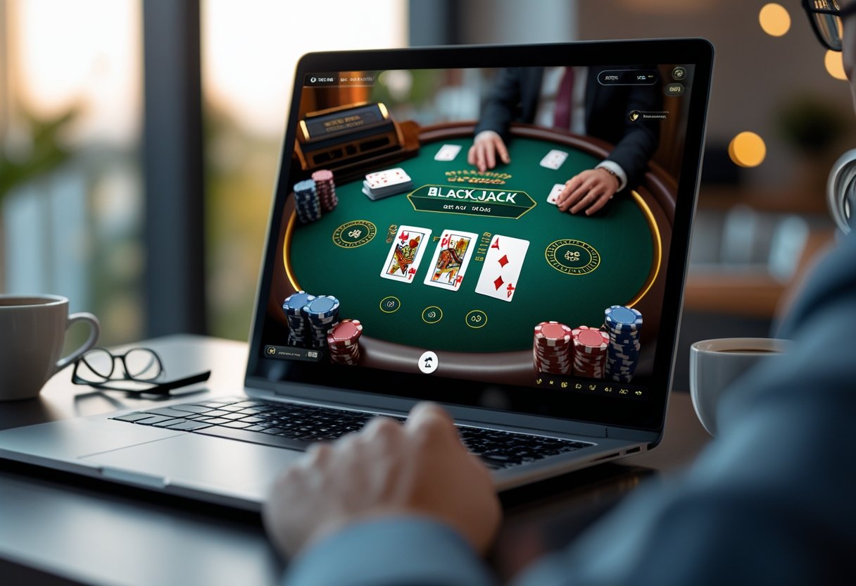 A laptop on a desk showing a blackjack game with cards and chips on the screen in a cozy room.